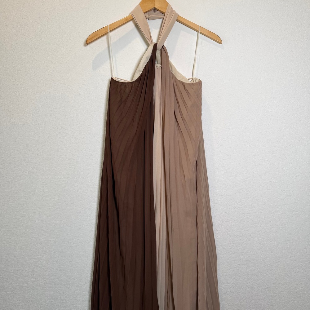 Tri-Color Pleated Halter Maxi Dress Brown Tan Cream Chiffon Gown Women